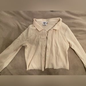 Princess Polly warm yellow cropped collared button up ribbed long sleeve top